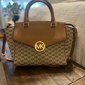 Michael Kors Brown and Tan Satchel with Monogram Print